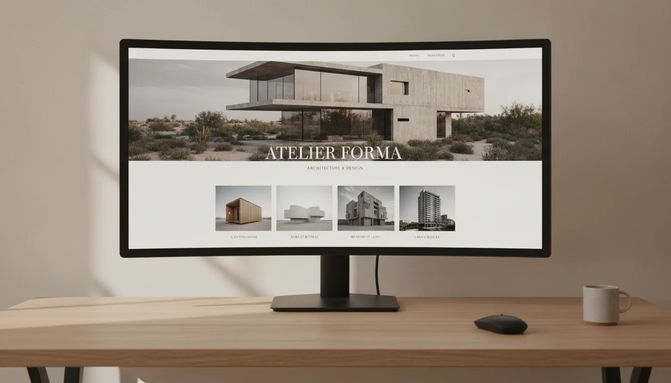 A refined architecture studio portfolio website with an editorial homepage and project grid