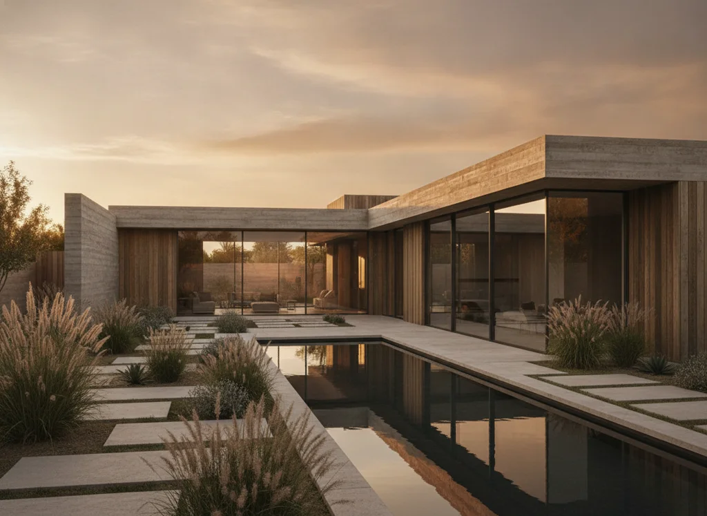 Minimalist concrete and timber residential house at golden hour