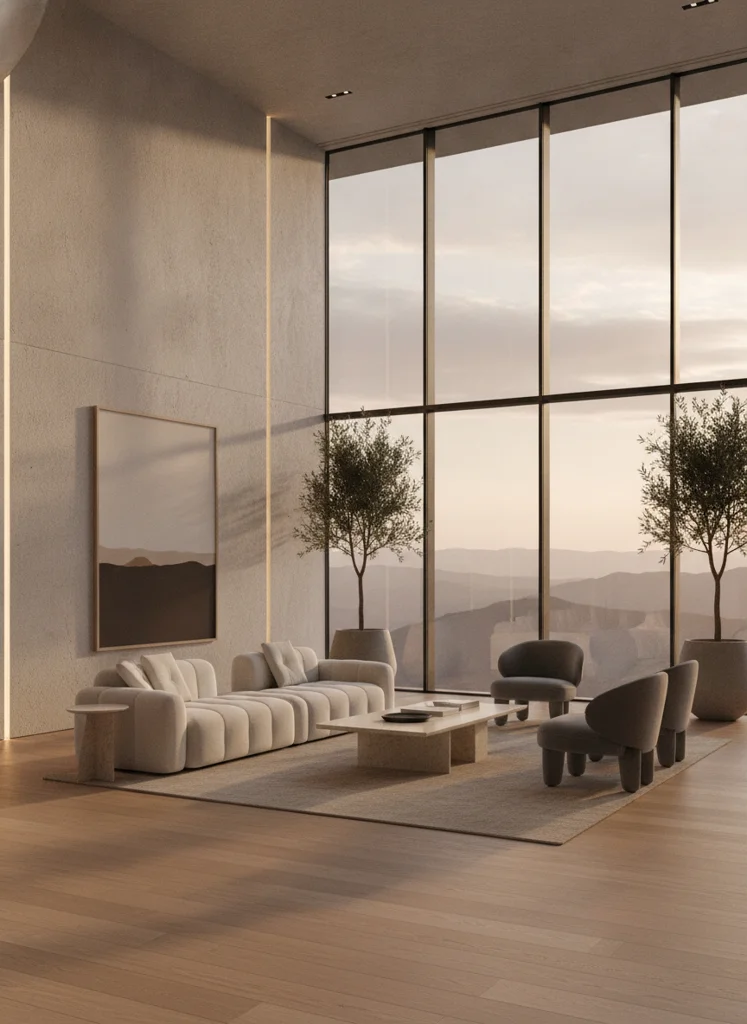 Warm modern living space with floor-to-ceiling windows