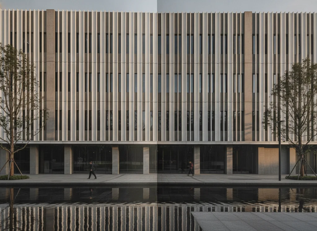 Commercial building facade with rhythmic vertical fins