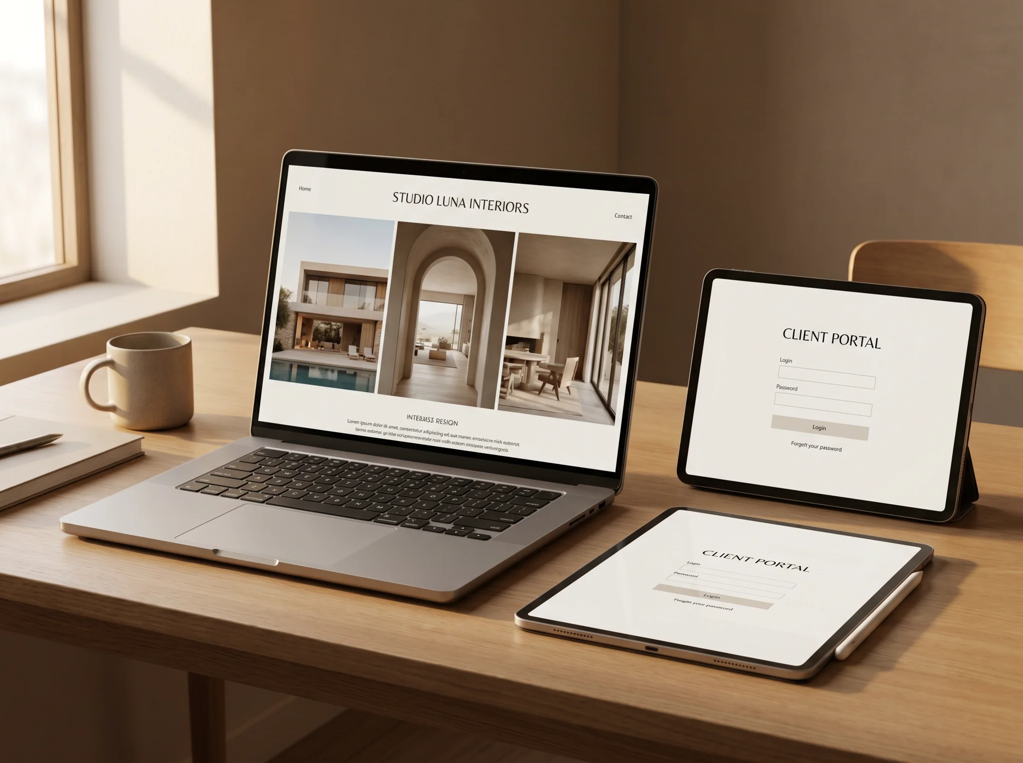 Premium interior design portfolio and client portal interface